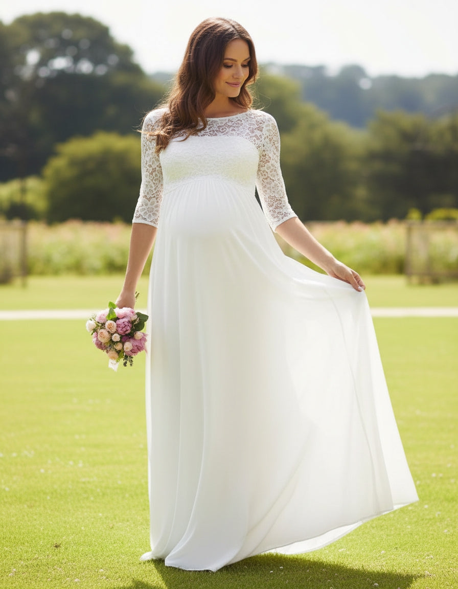 Scoop Neck 3/4 Sleeves Empire A-line Lace and Chiffon Maternity Bridal Gown