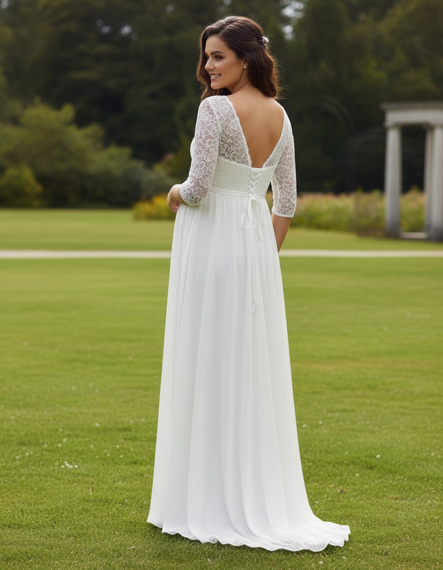 Scoop Neck 3/4 Sleeves Empire A-line Lace and Chiffon Maternity Bridal Gown