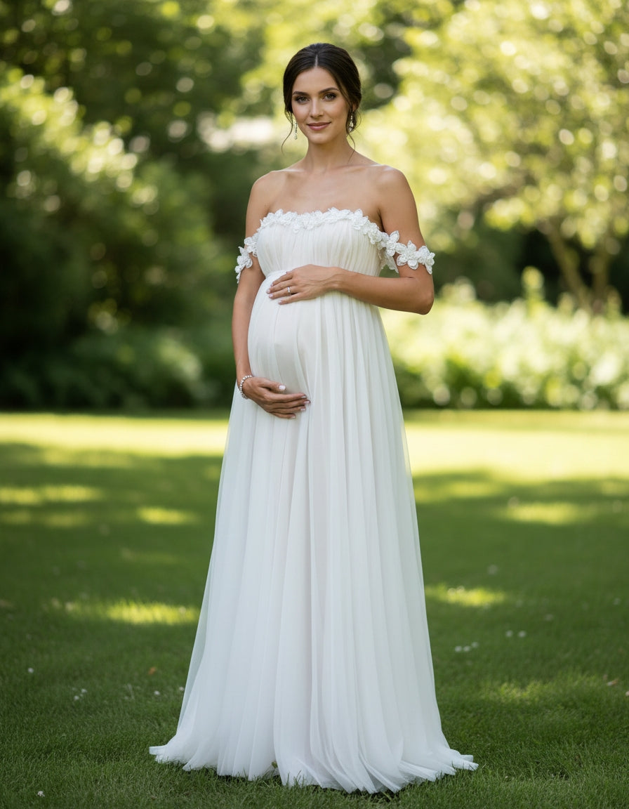 Off-the-shoulder Tulle Empire A-line Maternity Bridal Gown