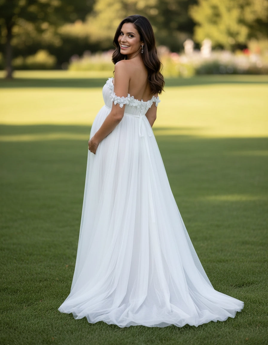 Off-the-shoulder Tulle Empire A-line Maternity Bridal Gown