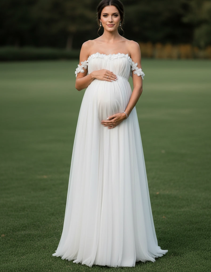 Off-the-shoulder Tulle Empire A-line Maternity Bridal Gown