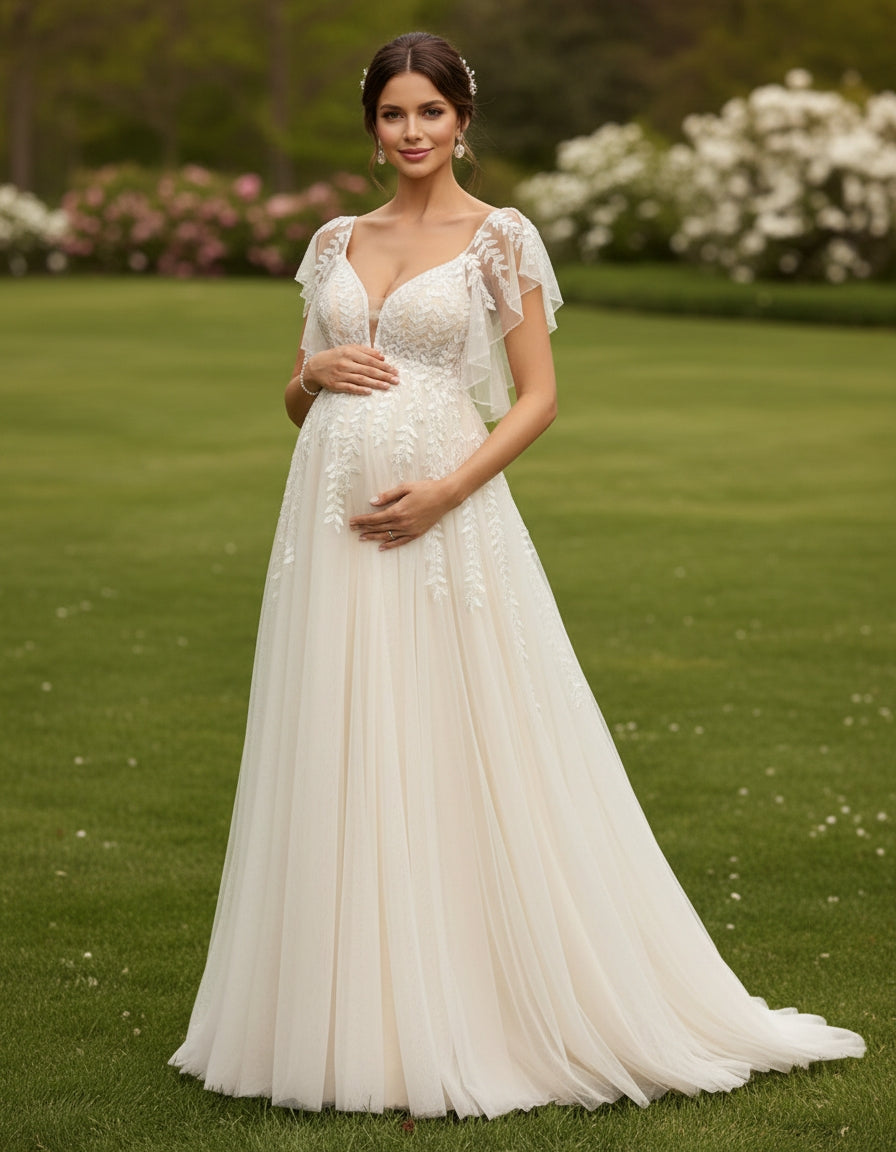 Flutter Sleeves Queen Anne A-line Lace and Tulle Maternity Bridal Gown Ms. Grace Flutter Sleeves Queen Anne A-line Lace and Tulle Maternity Bridal Gown Ms. Grace