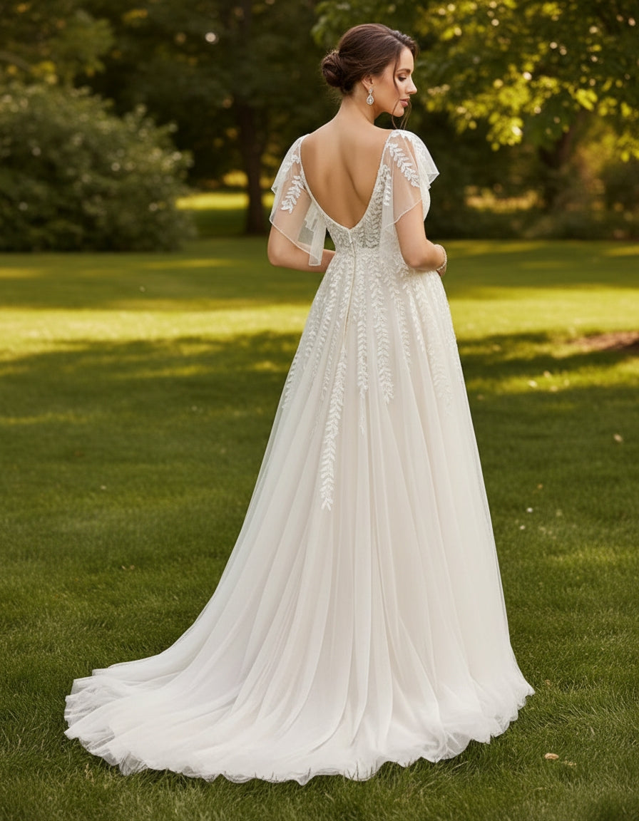 Flutter Sleeves Queen Anne A-line Lace and Tulle Maternity Bridal Gown