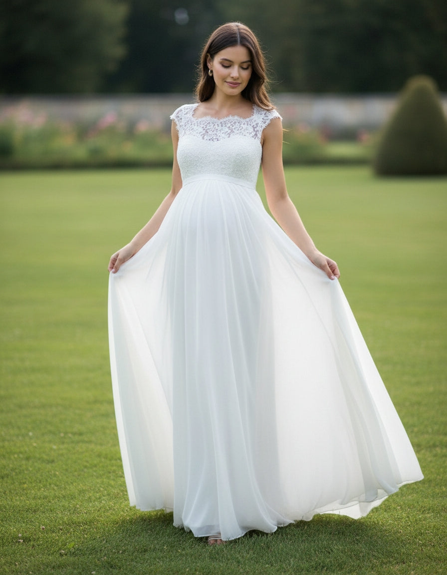 Cap Sleeve Scallop Neck Lace and Chiffon Maternity Wedding Dress