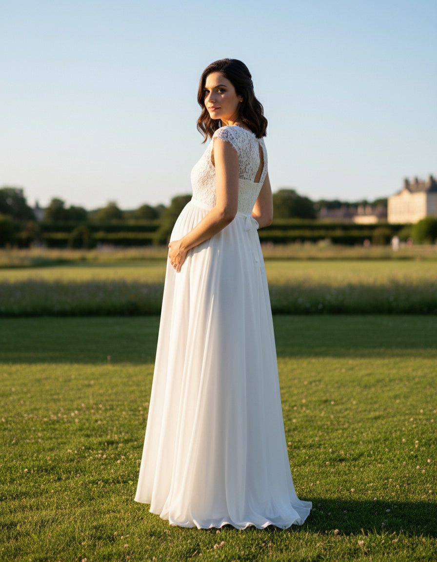 Cap Sleeve Scallop Neck Lace and Chiffon Maternity Wedding Dress