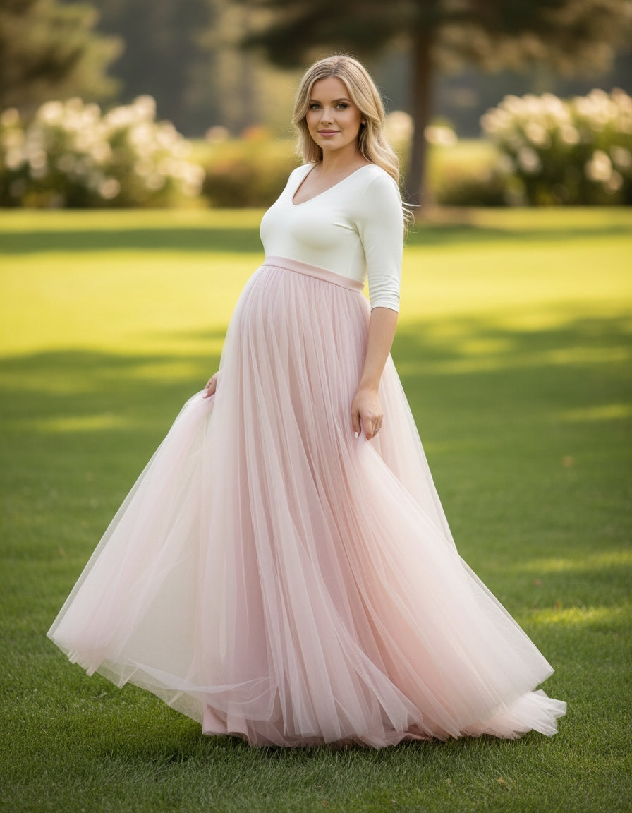 Half Sleeve V-neck Jersey and Tulle A-line Maternity Bridal Gown