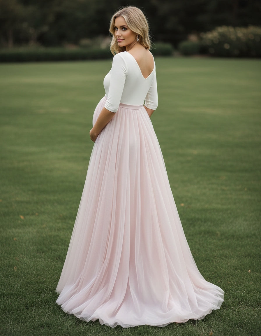 Half Sleeve V-neck Jersey and Tulle A-line Maternity Bridal Gown