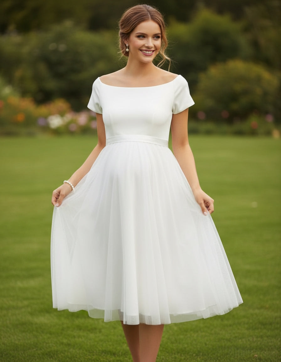 Portrait Short Sleeve Satin and Tulle Tea Length Maternity Wedding Dress