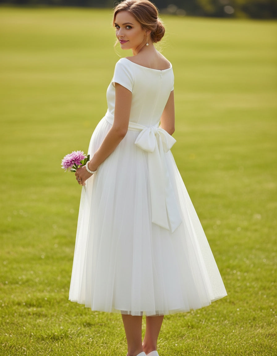 Portrait Short Sleeve Satin and Tulle Tea Length Maternity Wedding Dress
