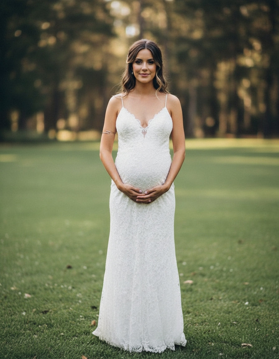 Illusion Back Spaghetti Straps V-neck Sheath Lace Maternity Bridal Gown