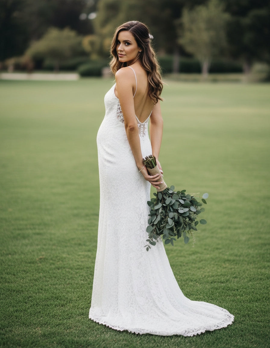 Illusion Back Spaghetti Straps V-neck Sheath Lace Maternity Bridal Gown