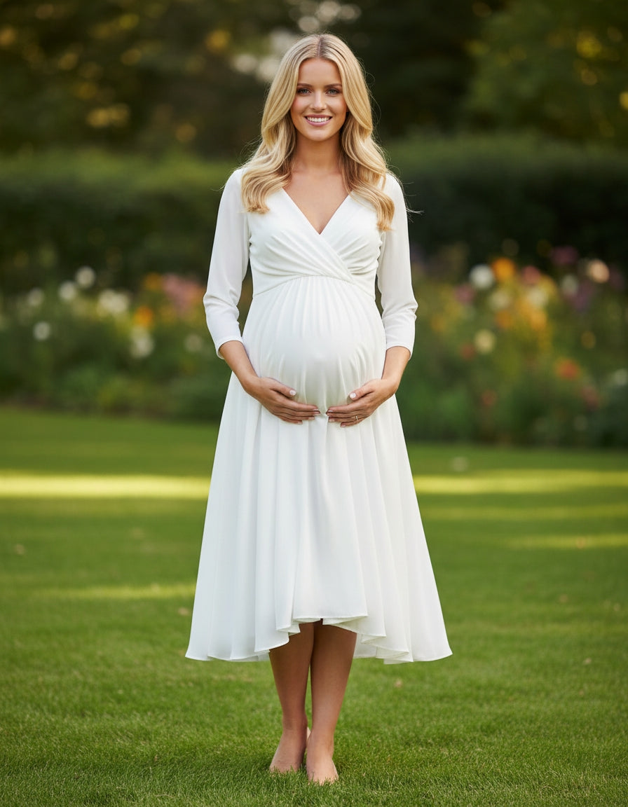 3/4 Sleeves V-neck Empire A-line Chiffon Maternity Wedding Dress