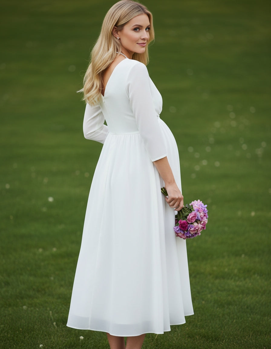 3/4 Sleeves V-neck Empire A-line Chiffon Maternity Wedding Dress