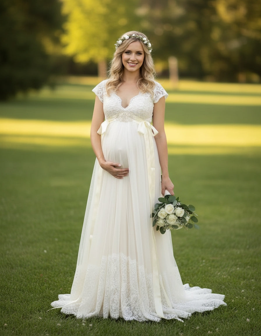 Cap Sleeves Empire A-line Tulle and Lace Maternity Wedding Dress