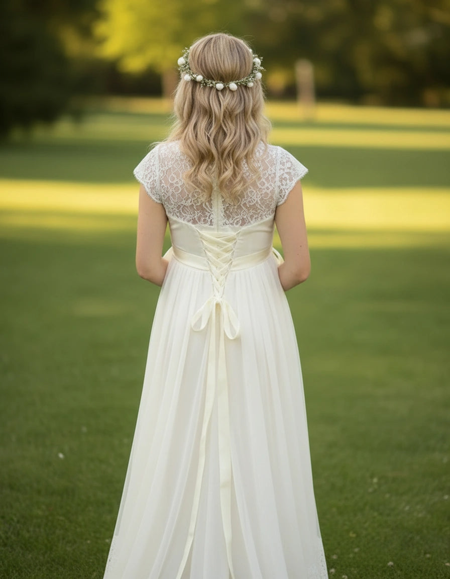 Cap Sleeves Empire A-line Tulle and Lace Maternity Wedding Dress