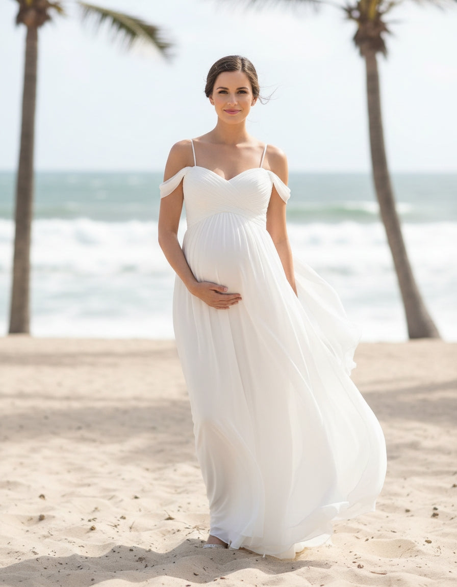 Spaghetti Straps Cold Shoulder Sleeves Chiffon A-line Maternity Bridal Gown