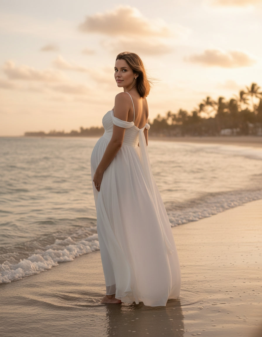 Spaghetti Straps Cold Shoulder Sleeves Chiffon A-line Maternity Bridal Gown
