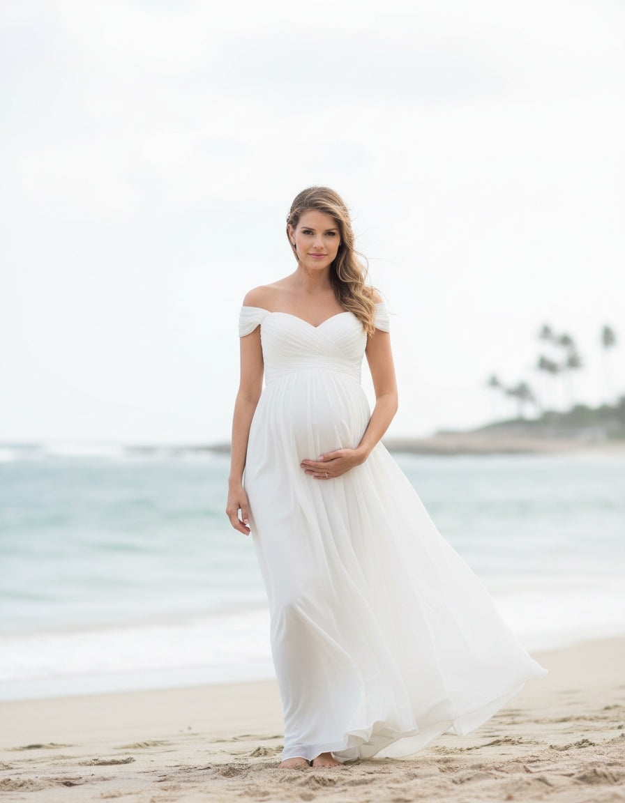 Convertible Cap Sleeves Pleated Bodice A-line Chiffon Maternity Bridal Gown