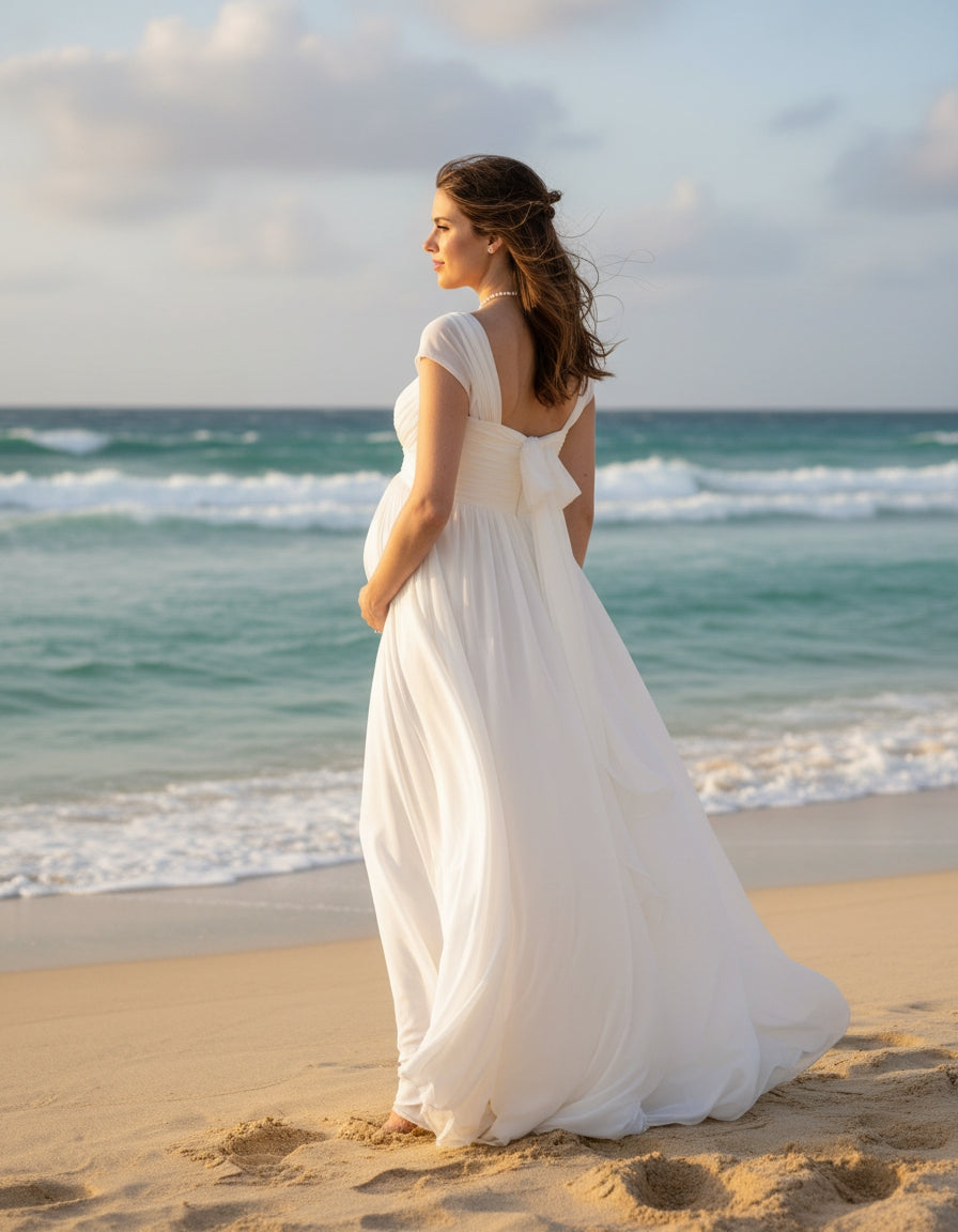 Convertible Cap Sleeves Pleated Bodice A-line Chiffon Maternity Bridal Gown