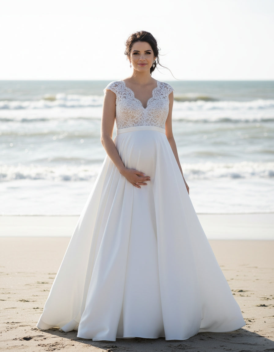 Cap Sleeves Lace Bodice Princess Satin Maternity Bridal Gown