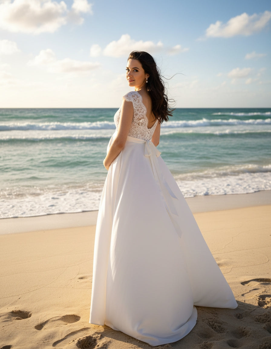 Cap Sleeves Lace Bodice Princess Satin Maternity Bridal Gown