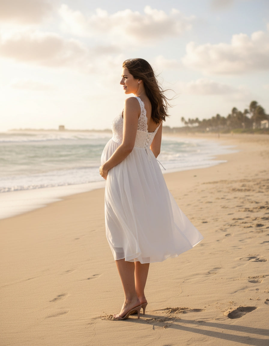 Sleeveless Scoop Neck Lace Bodice Chiffon Maternity Wedding Dress