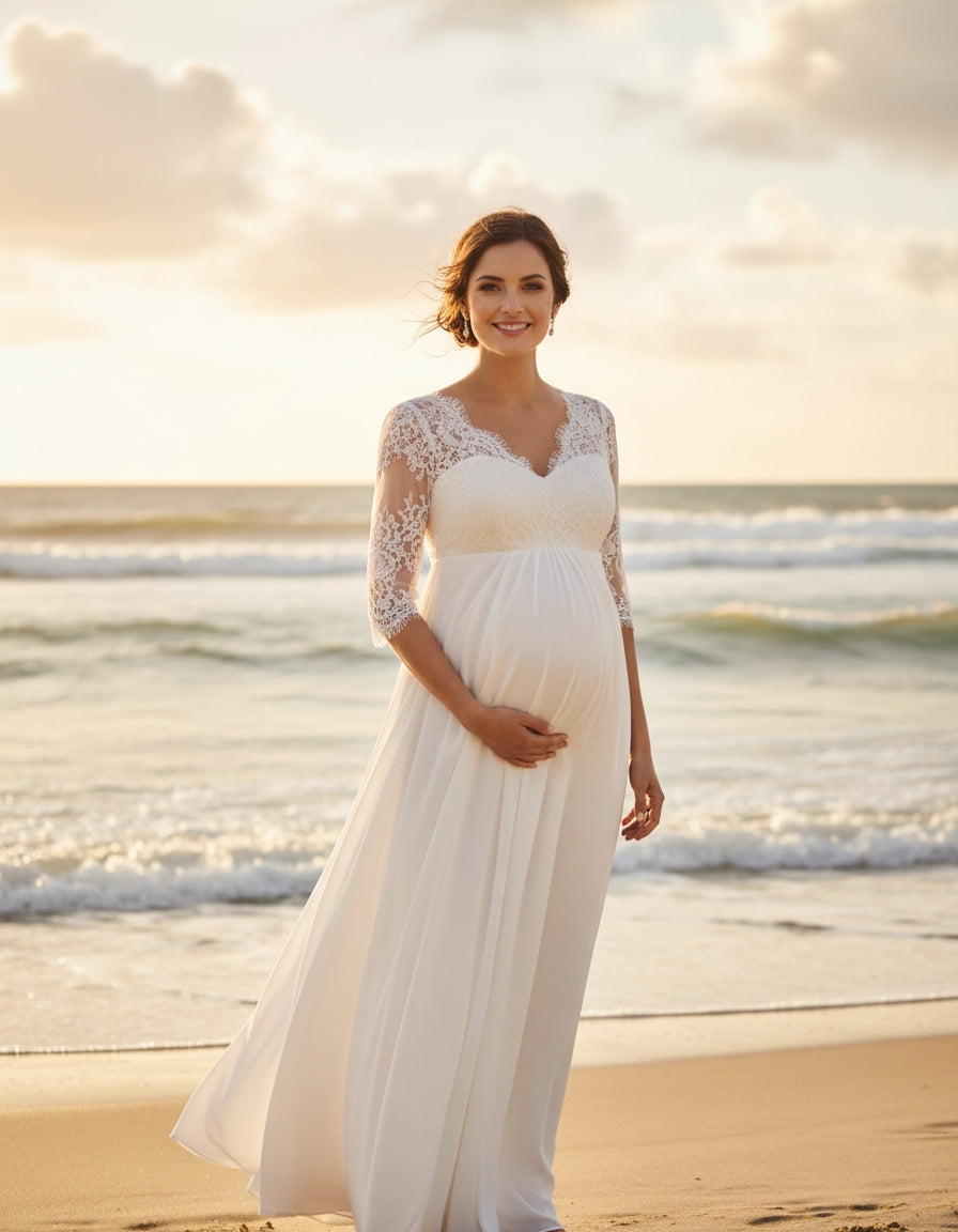 3/4 Sleeves V-neck Lace Bodice Empire A-line Maternity Wedding Dress