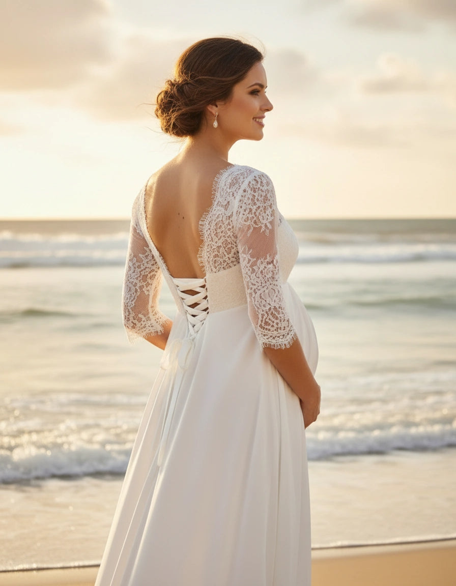 3/4 Sleeves V-neck Lace Bodice Empire A-line Maternity Wedding Dress