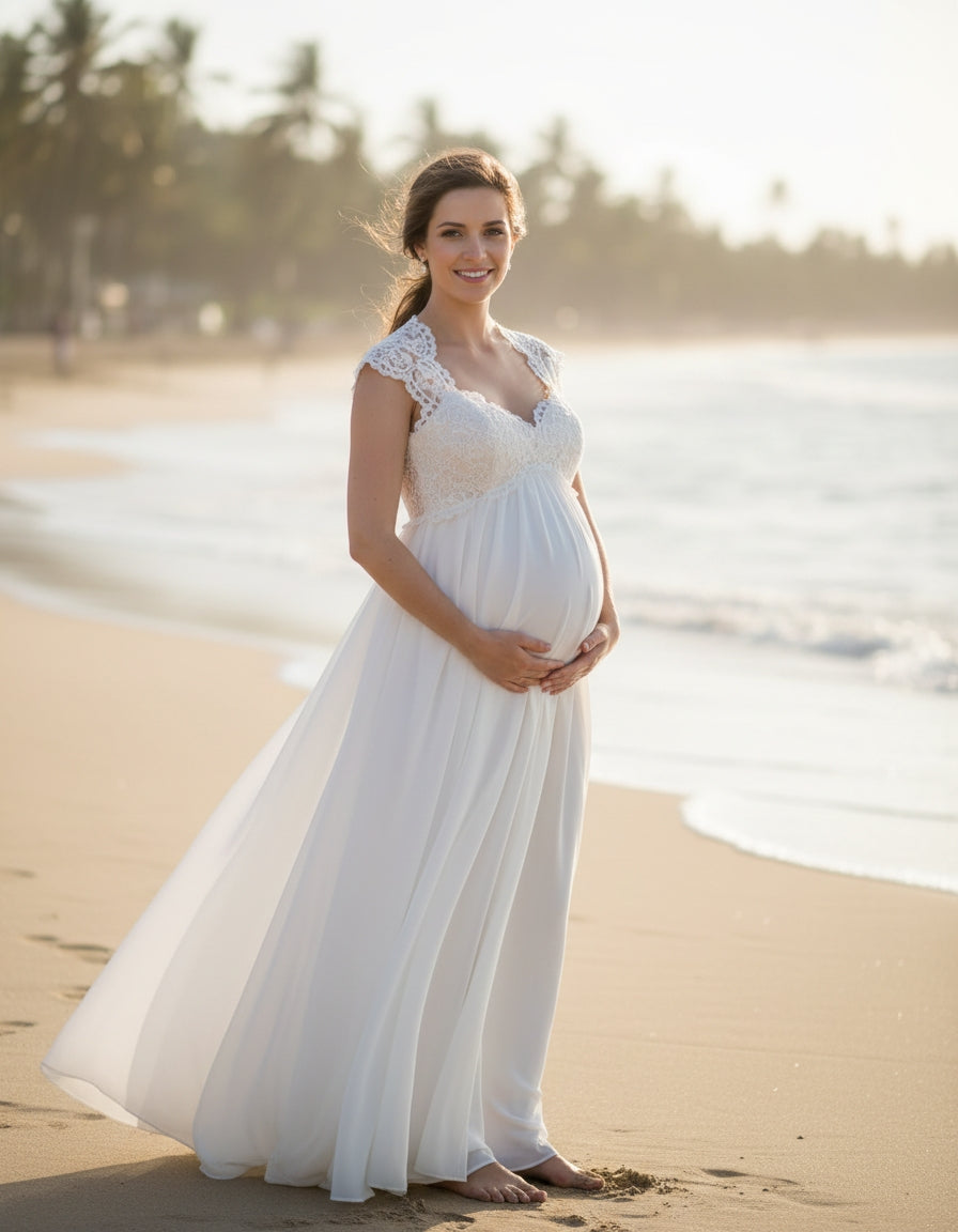 Cap Sleeves Queen Anne Lace and Chiffon A-line Maternity Bridal Gown