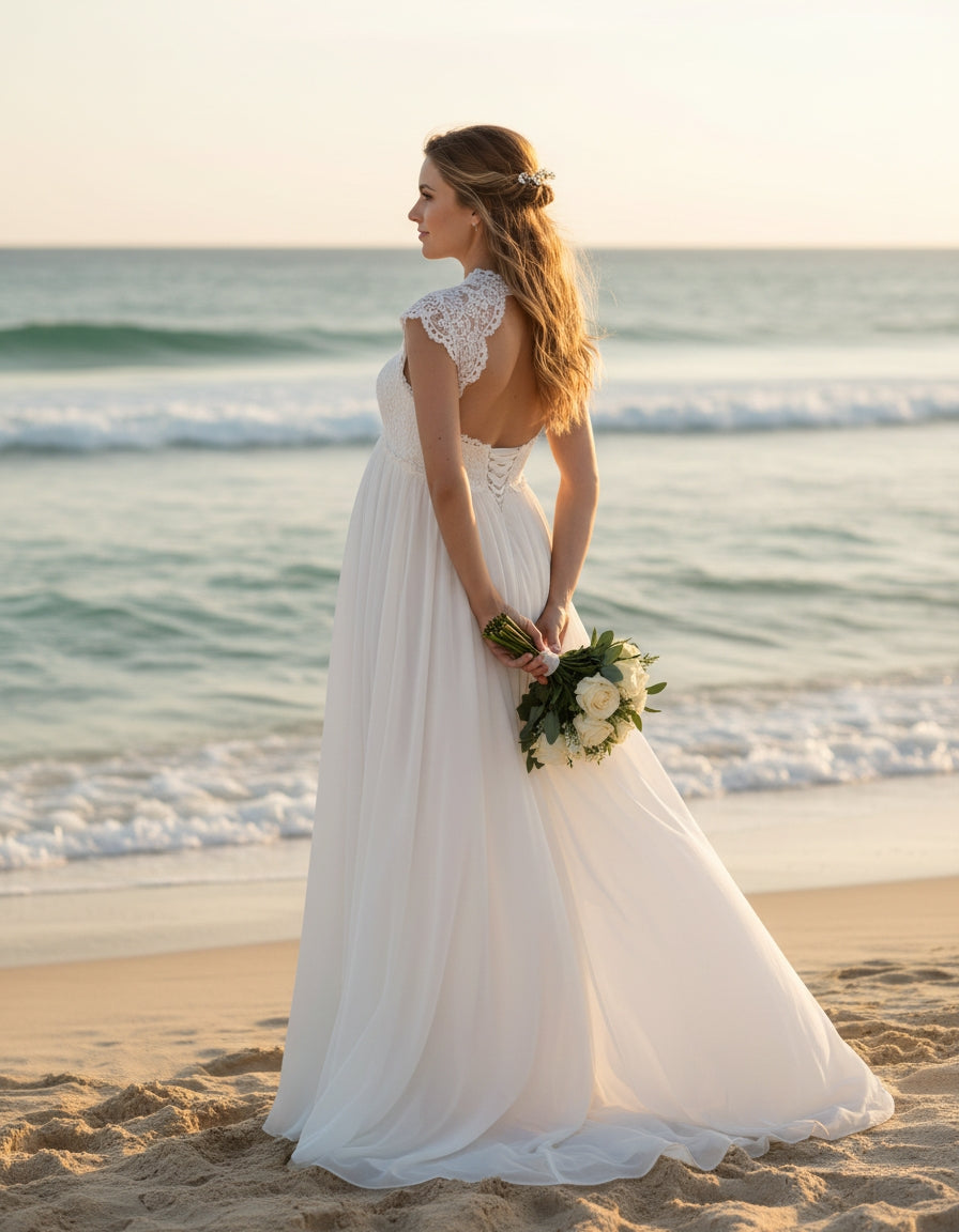 Cap Sleeves Queen Anne Lace and Chiffon A-line Maternity Bridal Gown