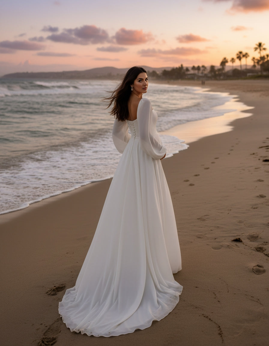 Long Sleeve Square Neck Chiffon A-line Maternity Wedding Dress