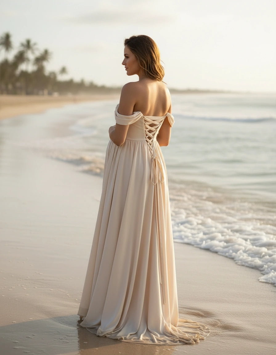 Off-the-Shoulder Empire A-line Maternity Wedding Dress Ms. Grace Off-the-Shoulder Empire A-line Maternity Wedding Dress Ms. Grace
