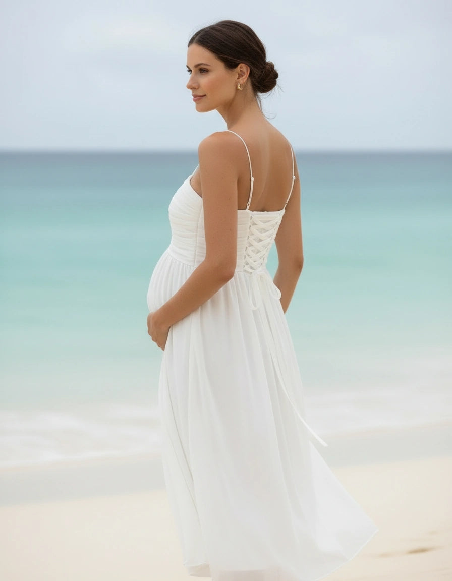 Pleated Bodice Spaghetti Straps A-line Chiffon Maternity Wedding Dress