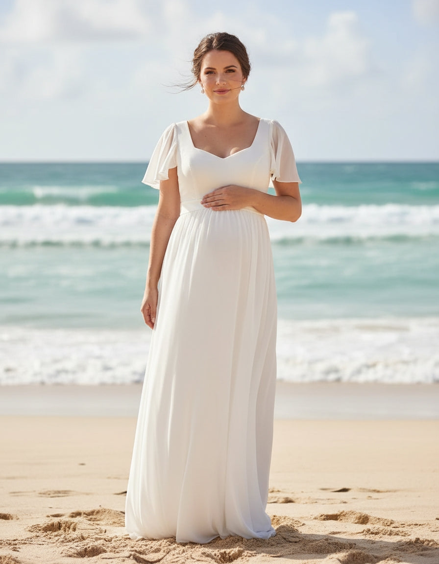 Queen Anne Neckline Short Sleeves A-line Chiffon Maternity Bridal Gown