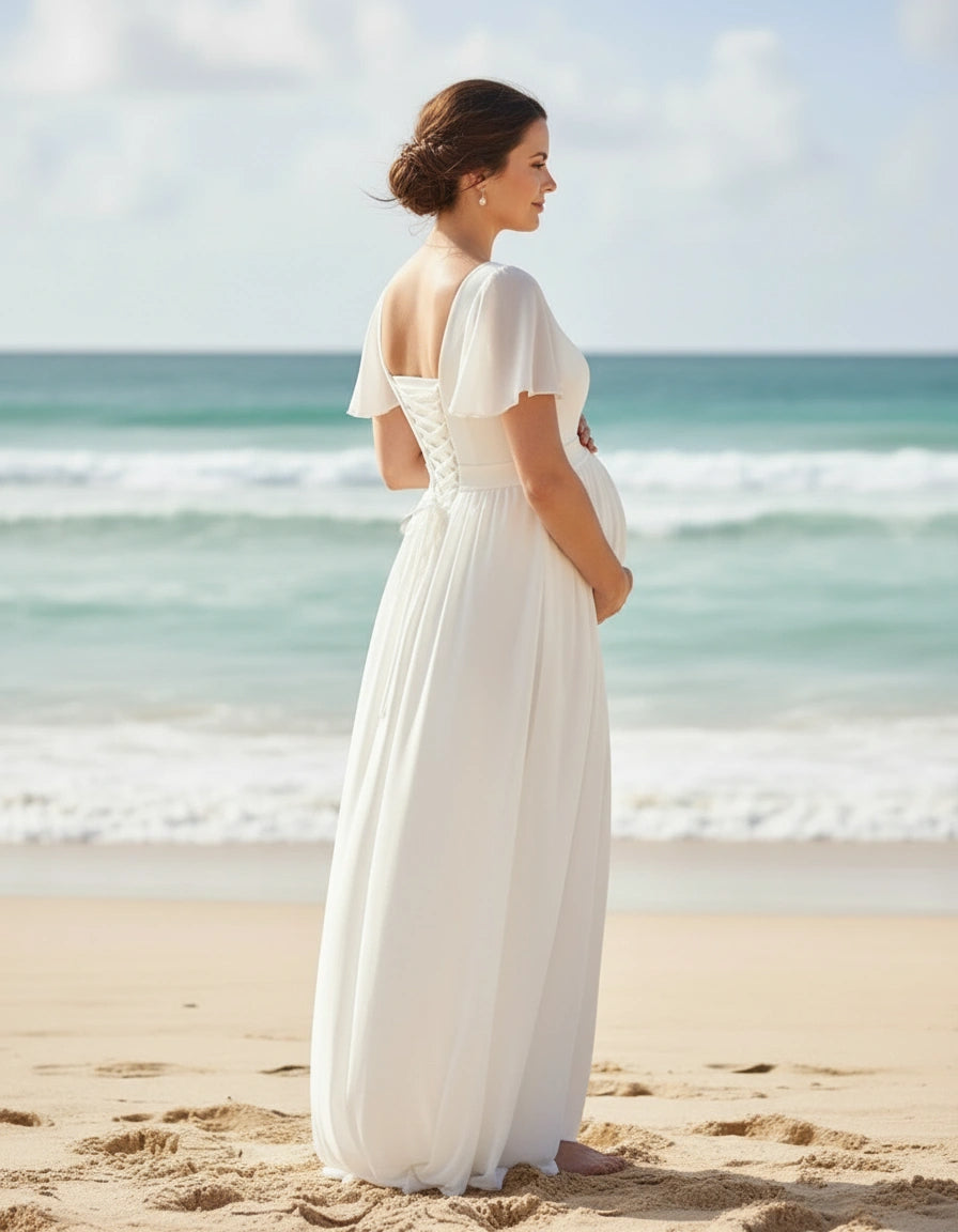 Queen Anne Neckline Short Sleeves A-line Chiffon Maternity Bridal Gown