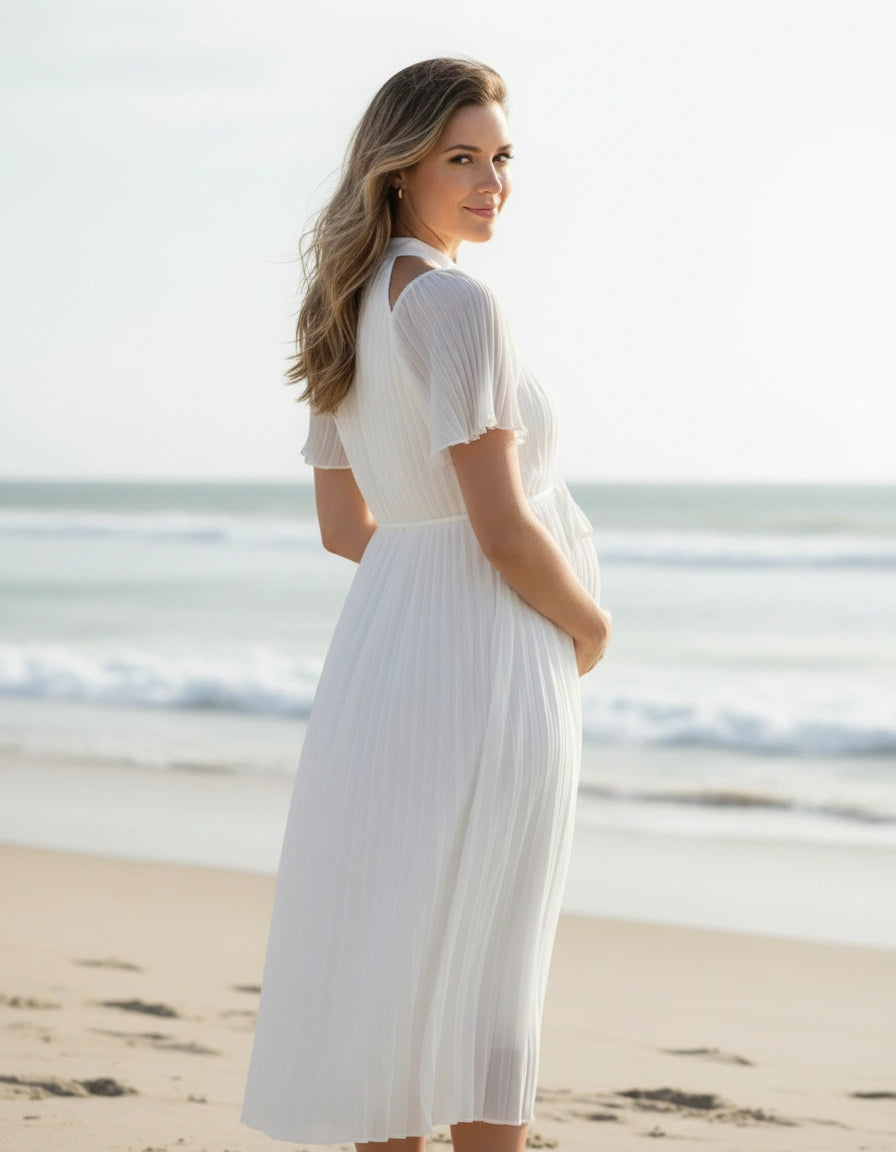 Cut-out Pleated A-line Chiffon Short Sleeve Maternity Wedding Dress