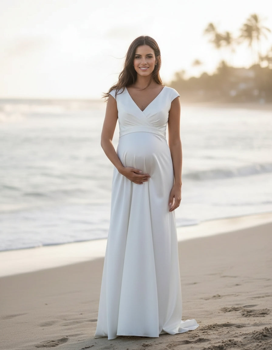 Cap Sleeves V-neck A-line Satin Maternity Bridal Gown