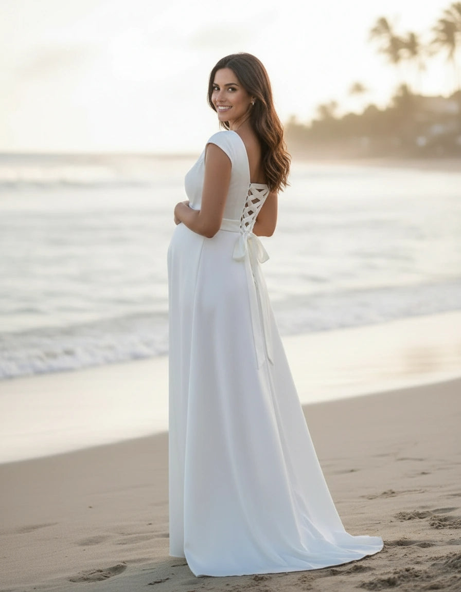 Cap Sleeves V-neck A-line Satin Maternity Bridal Gown