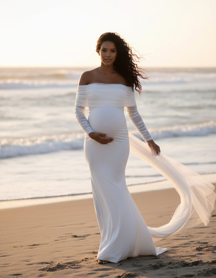 Off-the-Shoulder Long Sleeve Tulle Drape Satin sheath Maternity Wedding Dress