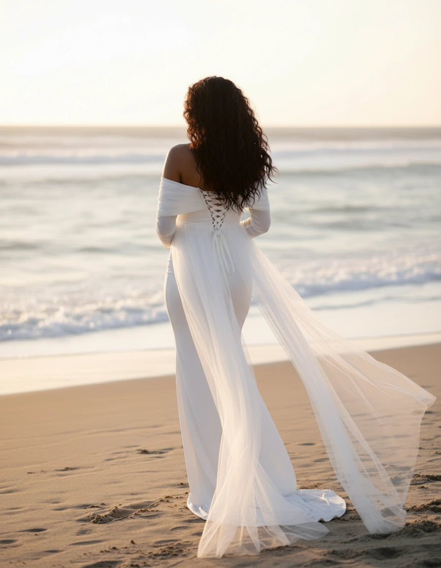 Off-the-Shoulder Long Sleeve Tulle Drape Satin sheath Maternity Wedding Dress