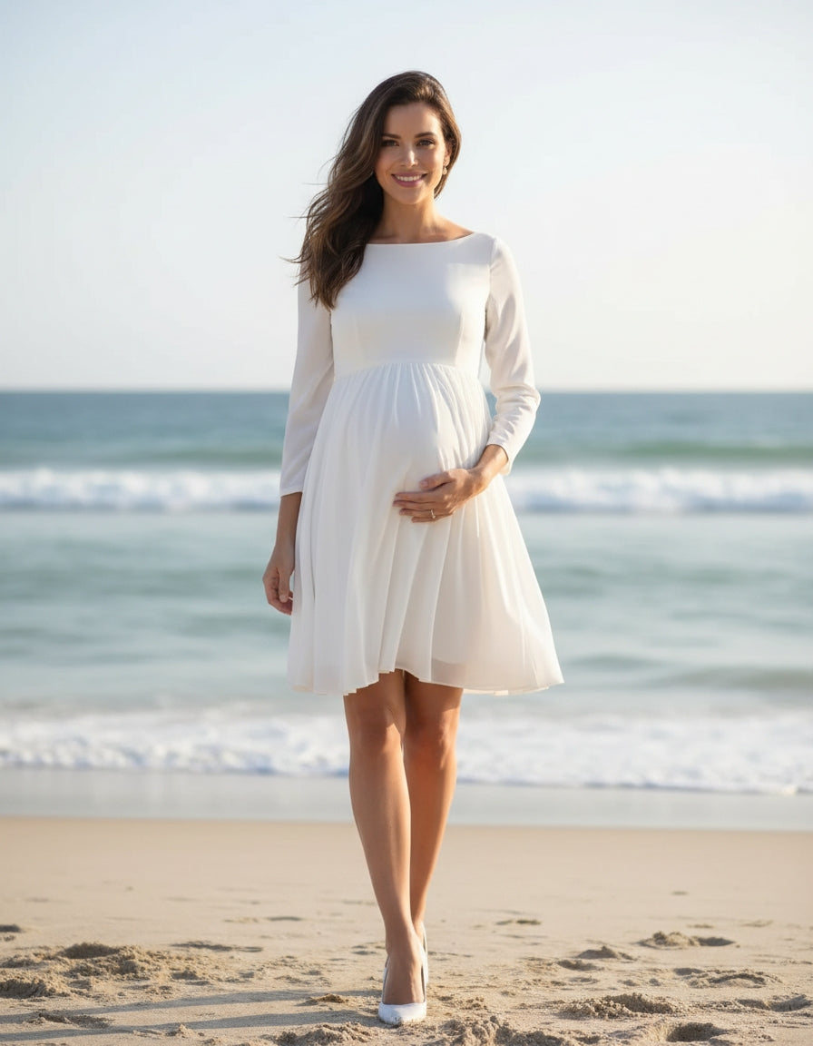 Knee Length Bateau Neckline 3/4 Sleeves A-line Chiffon Maternity Wedding Dress