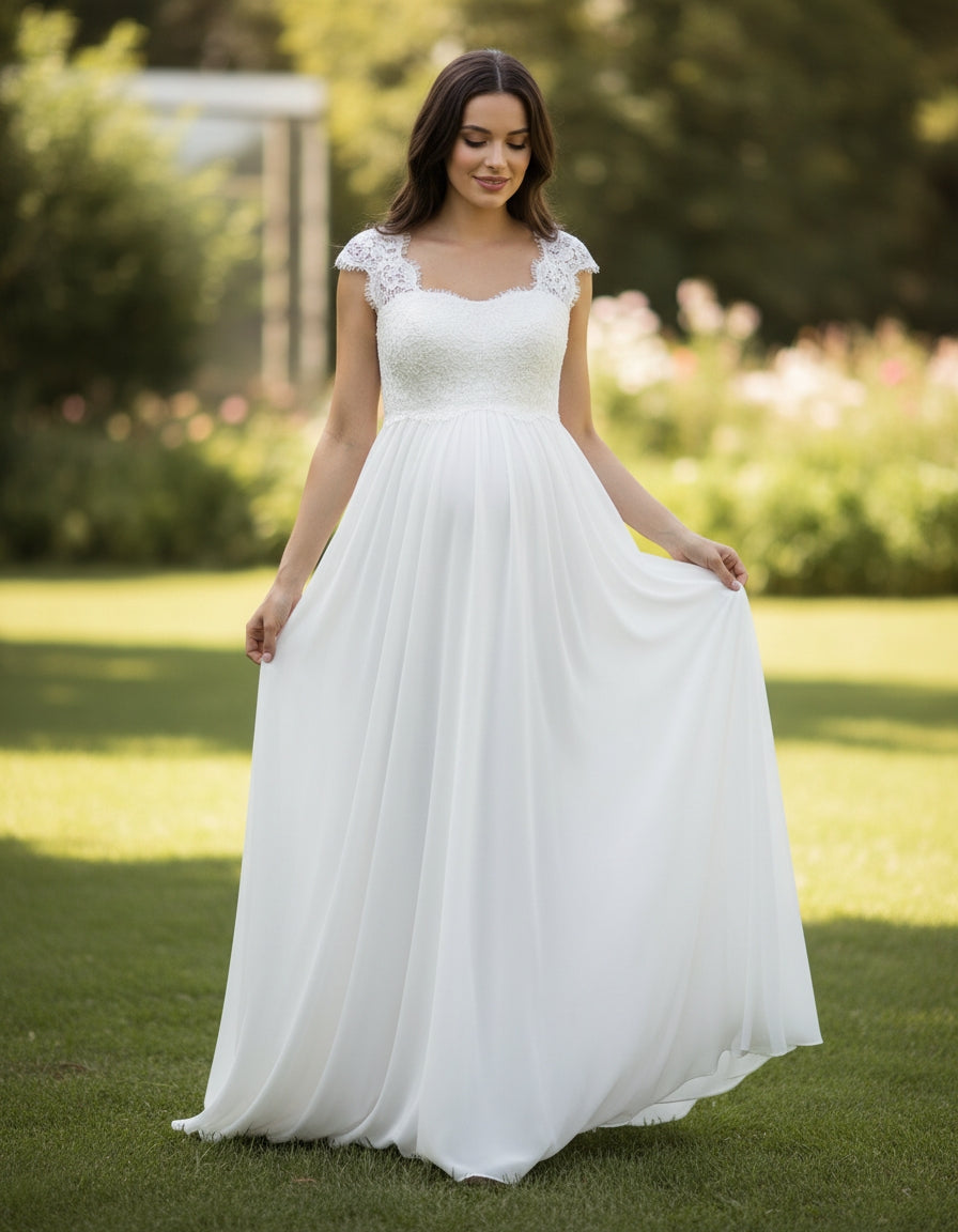 Cap Sleeve Lace Bodice A-line Chiffon Maternity Bridal Gown