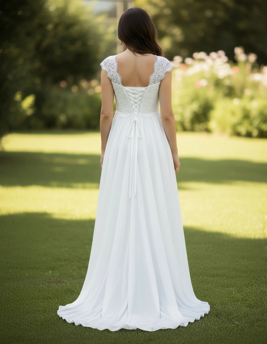 Cap Sleeve Lace Bodice A-line Chiffon Maternity Bridal Gown