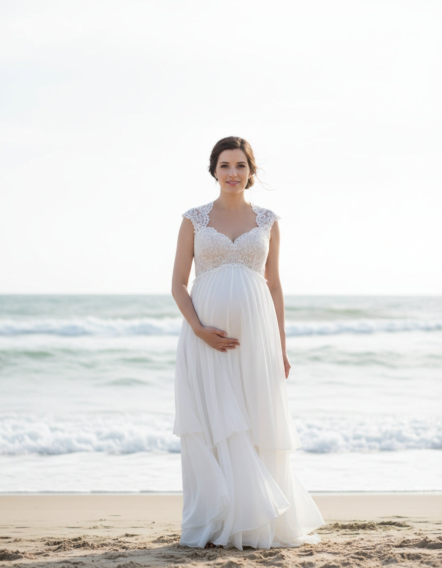 Cap Sleeved Lace Top Layered Skirt Chiffon Maternity Wedding Dress