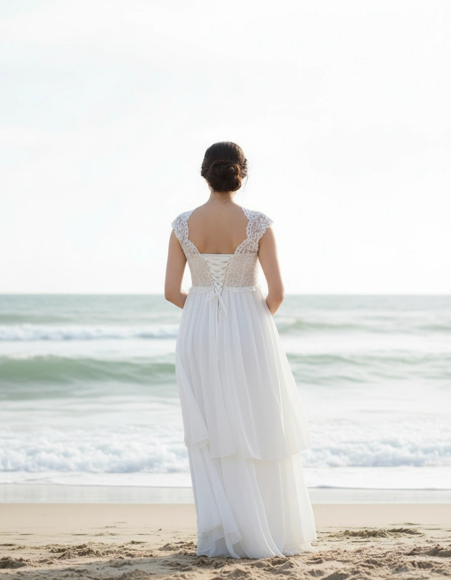 Cap Sleeved Lace Top Layered Skirt Chiffon Maternity Wedding Dress