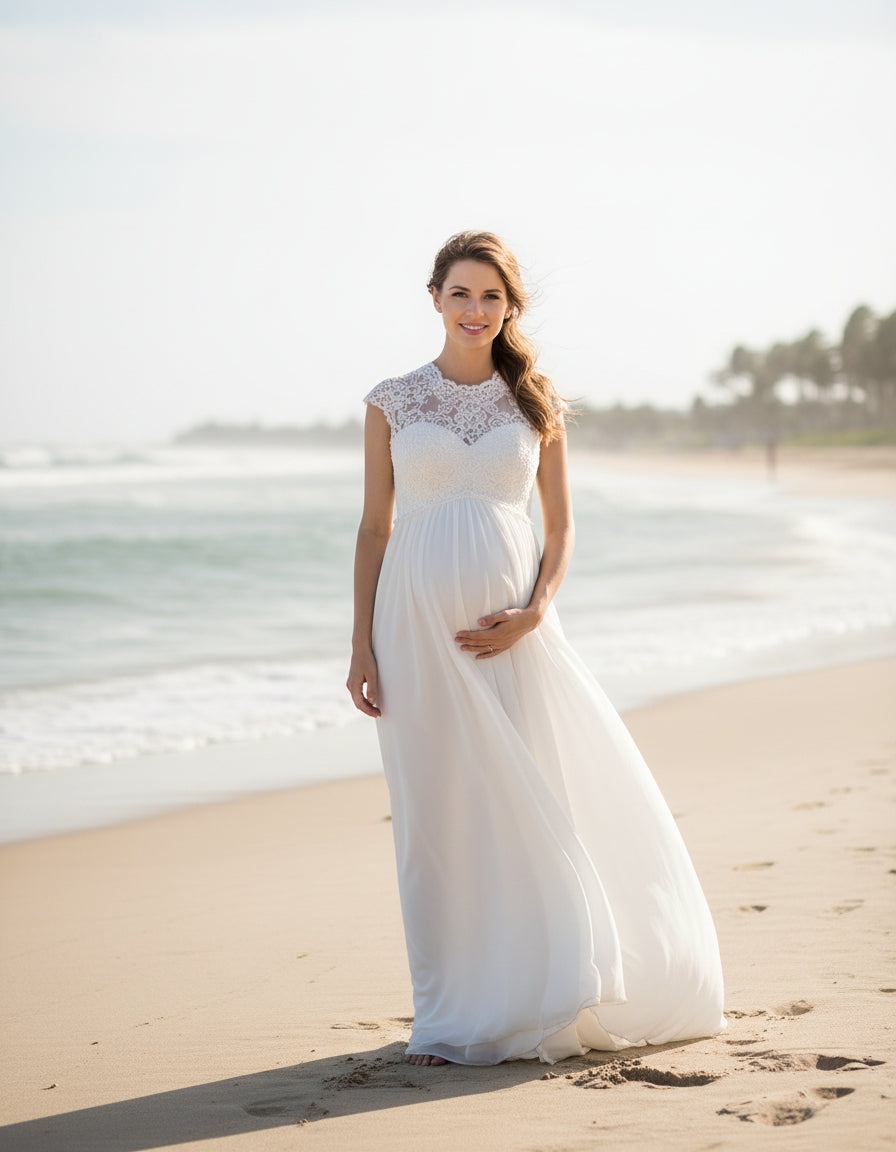 High Neck Lace and Chiffon Cap Sleeve Maternity Wedding Dress