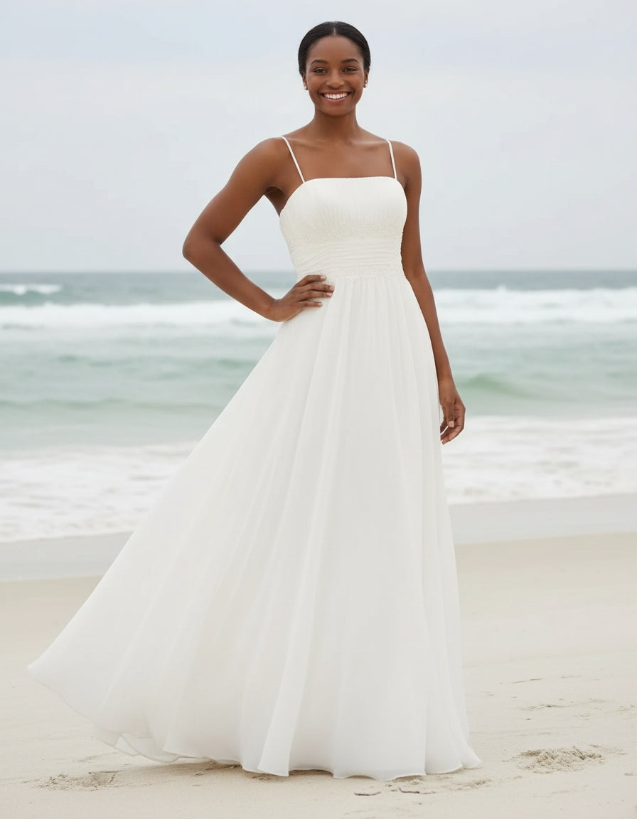 Plus Size Spaghetti Straps Pleated Bodice Chiffon A-line Wedding Dress