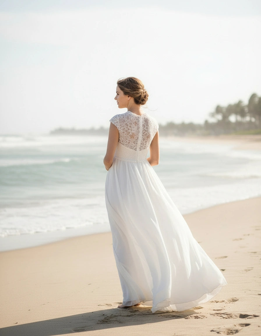 High Neck Lace and Chiffon Cap Sleeve Maternity Wedding Dress