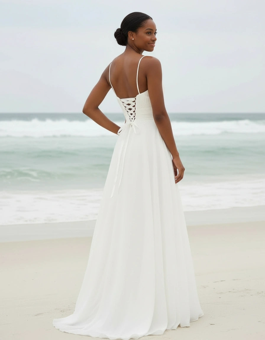 Plus Size Spaghetti Straps Pleated Bodice Chiffon A-line Wedding Dress