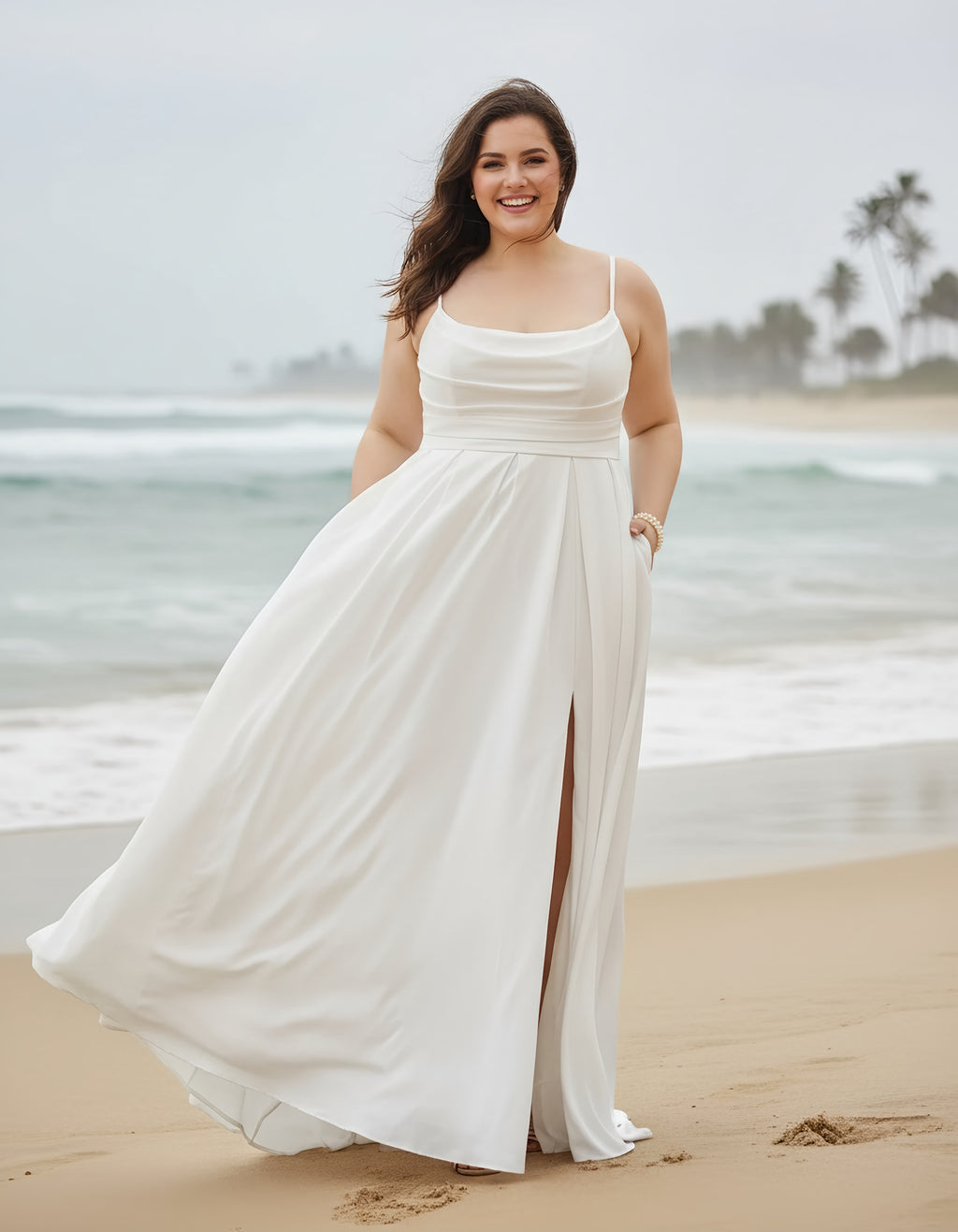 Spaghetti Straps Pleated Bodice Satin A-line Wedding Dress with Slit and Pockets